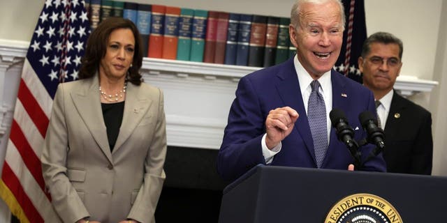 President Joe Biden delivers remarks on reproductive rights as (L-R) Vice President Kamala Harris, and Secretary of Health and Human Services Xavier Becerra listen during an event at the Roosevelt Room of the White House on July 8, 2022 in Washington, DC. 