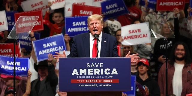 Former President Donald Trump speaks during a "Save America" rally at Alaska Airlines Center, July 9, 2022, in Anchorage, Alaska.