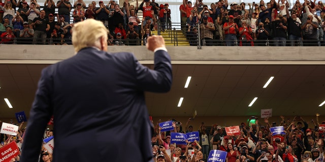 Former U.S. President Donald Trump greets supporters during a "Save America" rally at Alaska Airlines Center on July 09, 2022 in Anchorage, Alaska. 