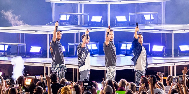 Kendall Schmidt, Logan Henderson, James Maslow and Carlos PenaVega of Big Time Rush perform at Michigan Lottery Amphitheatre on July 10, 2022, in Sterling Heights, Michigan. 
