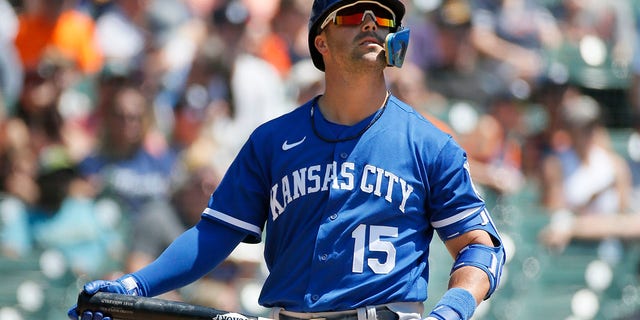 Whit Merrifield of the Kansas City Royals during an at bat against the Detroit Tigers at Comerica Park on July 3, 2022 in Detroit. 