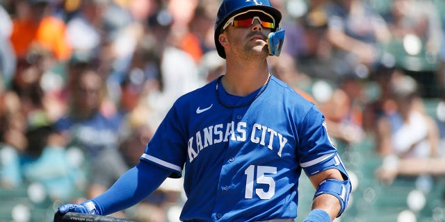 Whit Merrifield of Kansas City Royals during a battle with the Detroit Tigers at Comerica Park in Detroit on July 3, 2022. 