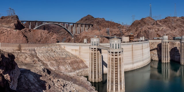 This photo taken on July 12, 2022, shows the Hoover Dam water intake towers at Lake Mead, the country's largest man-made water reservoir, formed by the dam on the Colorado River in the Southwestern United States.