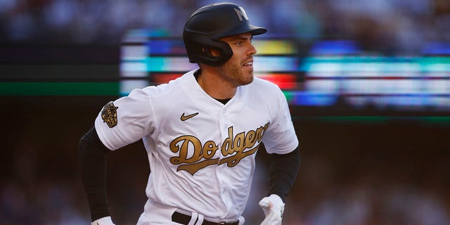 Freddie Freeman #5 of the Los Angeles Dodgers bats against the American League during the 92nd MLB All-Star Game presented by Mastercard at Dodger Stadium on July 19, 2022 in Los Angeles, California. 