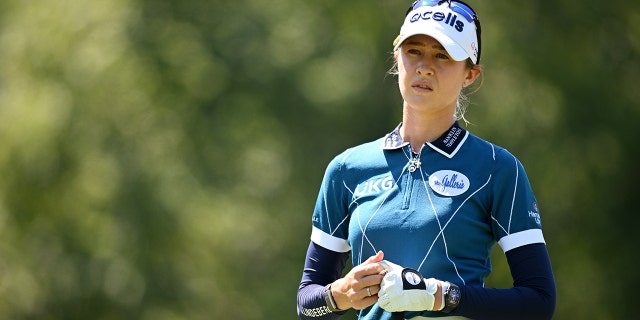 Nelly Korda, of The United States, waits to tee off on the 13th hole on day one of The Amundi Evian Championship at Evian Resort Golf Club on July 21, 2022 in Evian-les-Bains, France.