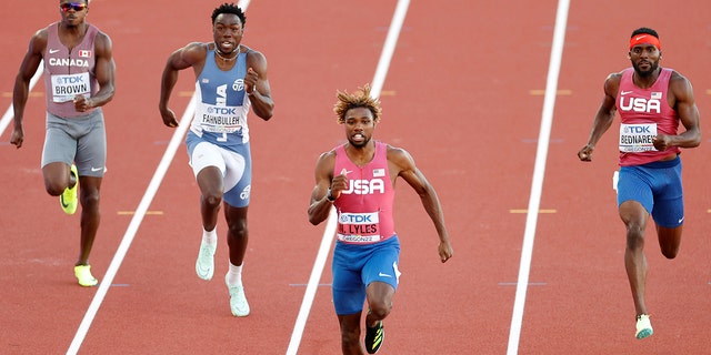 Aaron Brown, of Team Canada, Joseph Fahnbulleh, of Team Liberia, Noah Lyles of Team United States, and Kenneth Bednarek, of Team United States, compete in the Men's 200m Final on day seven of the World Athletics Championships Oregon22 at Hayward Field on July 21, 2022 in Eugene, Oregon. 