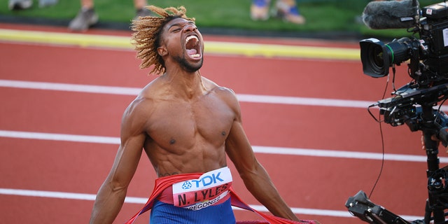 Team USA's Noah Lyles celebrates winning the men's 200m final on Day 7 of the Oregon22 World Championships in Athletics at Hayward Field on July 21, 2022 in Eugene, Oregon. 