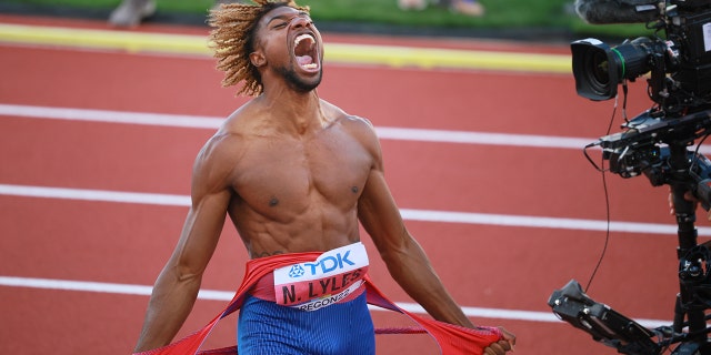 Team USA's Noah Lyles celebrates winning the men's 200m final on Day 7 of the Oregon22 World Championships in Athletics at Hayward Field on July 21, 2022 in Eugene, Oregon.
