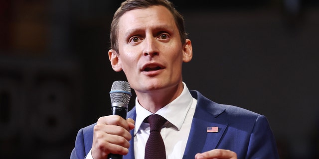 Republican Senate candidate Blake Masters speaks at a rally headlined by former President Donald Trump, on July 22, 2022, in Prescott Valley, Arizona.