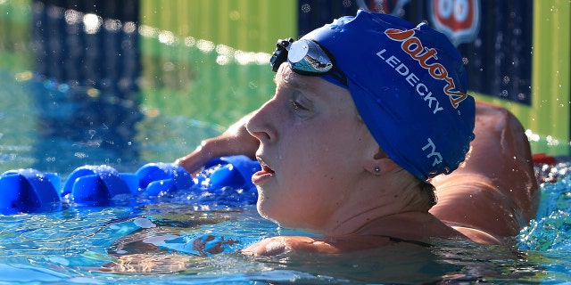 Katie Ledecky reacts after winning the Women's LC 800 Meter Freestyle Final during day one of the 2022 Phillips 66 National Championships in Irvine, Calif., on July 26, 2022.