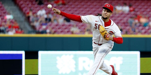 Luis Castillo #58 of the Cincinnati Reds pitches during the game against the Miami Marlins at Great American Ball Park on July 27, 2022 in Cincinnati, Ohio. Cincinnati defeated Miami 5-3. 