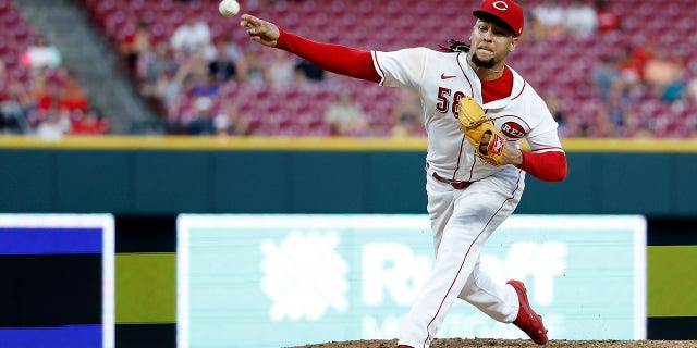 Luis Castillo of the Cincinnati Reds pitches during a game against the Miami Marlins at Great American Ball Park on July 27, 2022 in Cincinnati. Cincinnati beat Miami 5-3.