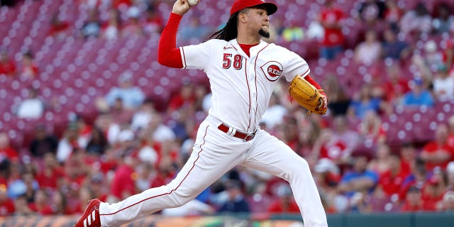 Luis Castillo of the Cincinnati Reds pitches during a game against the Miami Marlins at Great American Ball Park July 27, 2022, in Cincinnati.