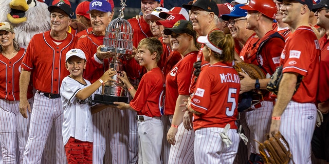 Republicans celebrate after winning the Congressional Baseball Game at Nationals Park in Washington, D.C., on Thursday, July 28, 2022.