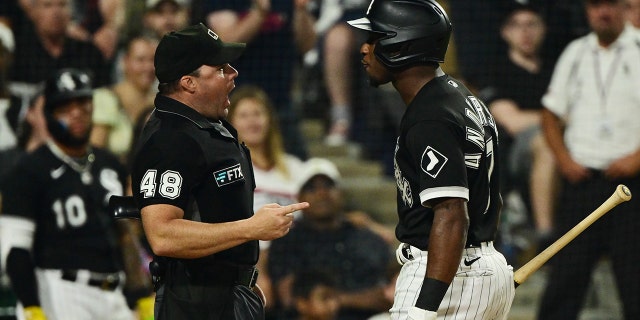 Tim Anderson (7) of the Chicago White Sox is ejected from a game after making contact with umpire Nick Mahrley (48) in the seventh inning against the Oakland Athletics at Guaranteed Rate Field July 29, 2022, in Chicago.