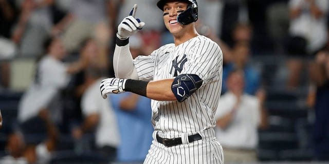 Aaron Judge of the New York Yankees reacts after his eighth-inning grand slam against the Kansas City Royals at Yankee Stadium July 29, 2022, in New York City. The Yankees defeated the Royals 11-5. 