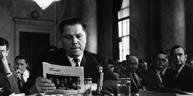 Jimmy Hoffa, President of the Teamster's Union, testifying at a hearing about labor rackets.