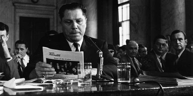 Jimmy Hoffa, President of the Teamster's Union, testifying at a hearing about labor rackets.