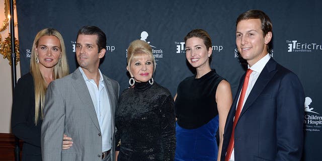 From left to right, Vanessa Trump, Donald Trump Jr., Ivana Trump, Ivanka Trump and Jared Kushner as they attend the 9th Annual Eric Trump Foundation Golf Invitational Auction and Dinner at Trump National Golf Club Westchester on Sept. 21, 2015, in Briarcliff Manor, New York.  