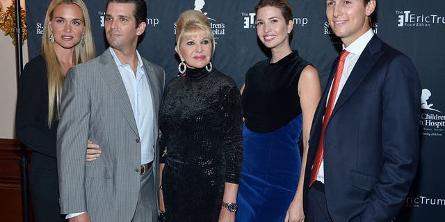 From left to right, Vanessa Trump, Donald Trump Jr., Ivana Trump, Ivanka Trump and Jared Kushner as they attend the 9th Annual Eric Trump Foundation Golf Invitational Auction and Dinner at Trump National Golf Club Westchester on Sept. 21, 2015, in Briarcliff Manor, New York.  