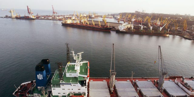 ファイル - Cargo ships ply their trade, 12月. 8, 2004, in the Ukrainian port city of Odesa. Situated at the crossroads of several of the world's major trading routes, Odesa is central to the economy of  Ukraine.  