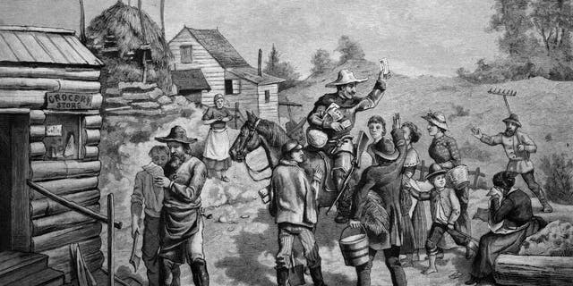 The first postman arriving at a new settlement in this U.S. historical illustration, about 1886. The advancements inspired by Ben Franklin in his postmaster roles aided communication as the U.S. settled further west.