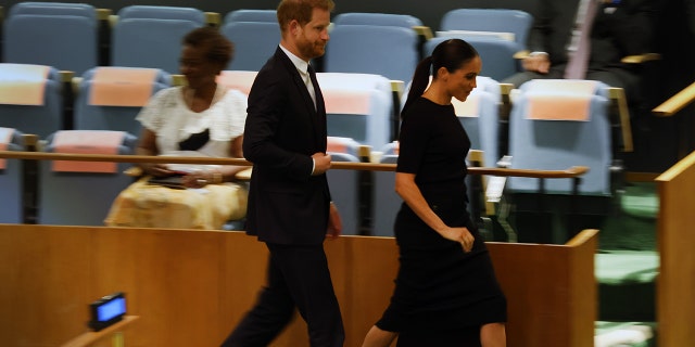 Prince Harry and his wife Meghan Markle depart after he addressed the U.N. General Assembly on July 18, 2022, in New York City.
