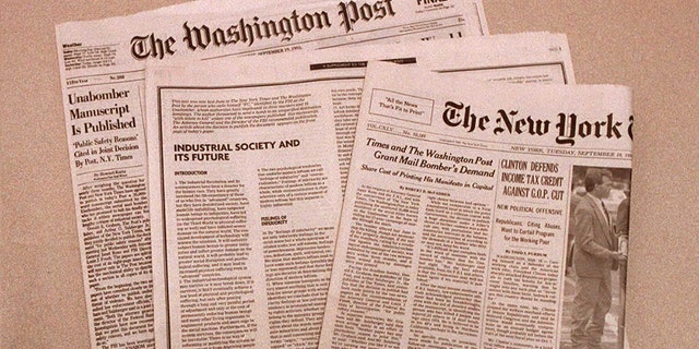 Front pages of the New York Times and Washington Post — both outlets published a manifesto written by the domestic terrorist known as the Unabomber on Sept. 19, 1995. The entire 35,000 word manifesto was published in response to a demand made by the Unabomber, later revealed to be Ted Kaczynski, who had threatened to kill again if his entire philosophy was not printed.