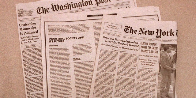 Front pages of the New York Times and Washington Post — both outlets published a manifesto written by the domestic terrorist known as the Unabomber on Sept. 19, 1995. The entire 35,000 word manifesto was published in response to a demand made by the Unabomber, later revealed to be Ted Kaczynski, who had threatened to kill again if his entire philosophy was not printed.