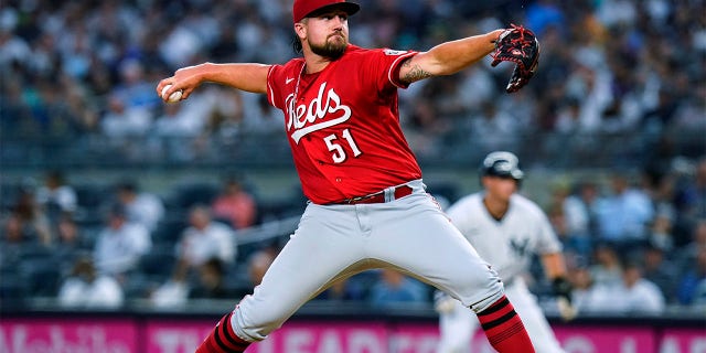 Cincinnati Reds' Graham Ashcraft pitches during the first inning of the team's baseball game against the New York Yankees on Tuesday, July 12, 2022, in New York.