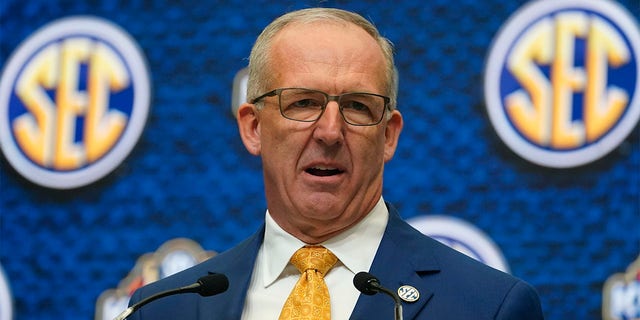 Southeastern Conference commissioner Greg Sankey speaks during SEC Media Days, Monday, July 18, 2022, in Atlanta. 