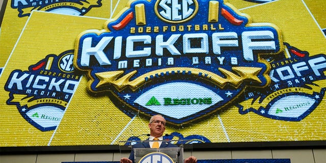 Southeastern Conference commissioner Greg Sankey speaks during SEC Media Days, Monday, July 18, 2022, in Atlanta. 