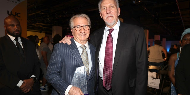 Award recipient Barry Scheck and Gregg Popovich pose for a photo together as United Justice Coalition hosts Inaugural Social Justice Summit with acclaimed activists, entertainers, attorneys, experts and more at Center415 on July 23, 2022 in New York City.