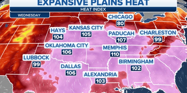 The Wednesday heat index in the Plains 