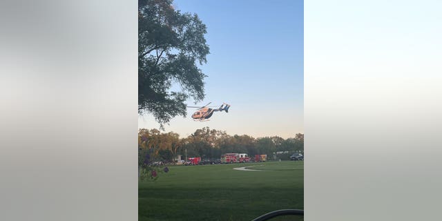 Two people were seriously injured and had to be airlifted to local hospitals after an SUV slammed into a home in Crystal Lake, Illinois, on Wednesday, July 27, 2022. (Danielle Leschuk)