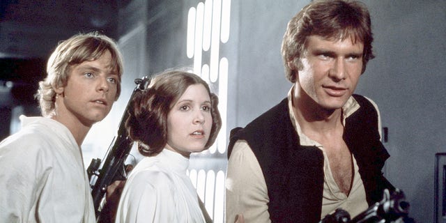 Mark Hamill, Carrie Fisher and Harrison Ford on the set of Star Wars: Episode IV - A New Hope.