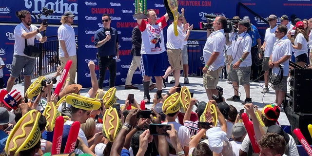 Joey Chestnut won the men's title at Nathan's Famous Hot Dog Eating Contest in Coney Island on July 4, 2022.  