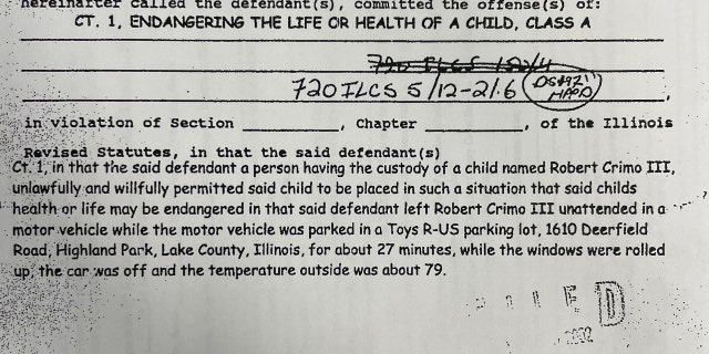 In August 2002, when Crimo III was a toddler, Pesina allegedly left him in a hot car for 27 minutes while shopping at Toys 'R Us.