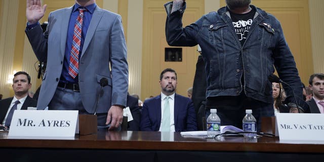 Stephen Ayres (L), who entered the U.S. Capitol illegally on January 6, 2021, and Jason Van Tatenhove (R), who served as national spokesman for the Oath Keepers and as a close aide to Oath Keepers founder Stewart Rhodes, testify at the Jan. 6 committee