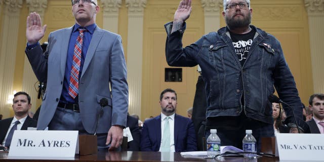 Stephen Ayres (L), who entered the U.S. Capitol illegally on January 6, 2021, and Jason Van Tatenhove (R), who served as national spokesman for the Oath Keepers and as a close aide to Oath Keepers founder Stewart Rhodes, testify at the Jan. 6 committee