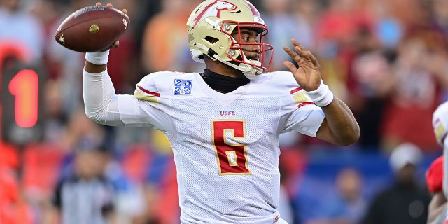 Birmingham Stallions quarterback J'Mar Smith throws a pass during the first half of a USFL football game against the Philadelphia Stars for the league championship, Sunday, July. 3, 2022, in Canton, Ohio. 