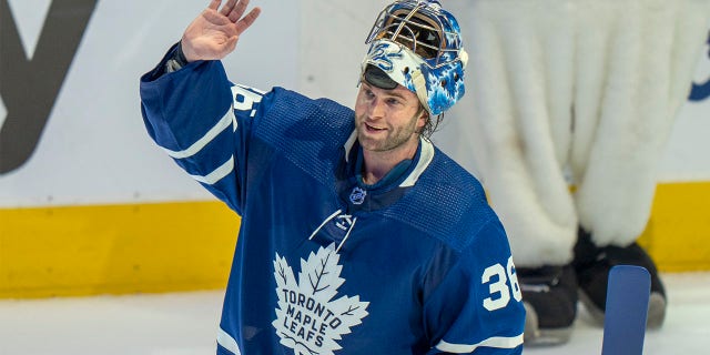 Toronto Maple Leafs goalkeeper Jack Campbell (36) turns to the crowd after becoming the first star after a stopping performance in a 5-0 win over Tampa Bay Lightning in Game 1 of the replay series of the first round of Stanley Cup hockey, Monday . , May 2, 2022 in Toronto. The Edmonton Oilers agreed terms with Jack Campbell, a person familiar with the transfer spoke to the Associated Press on condition of anonymity on Wednesday, July 13, 2022, because the agreement was not announced.
