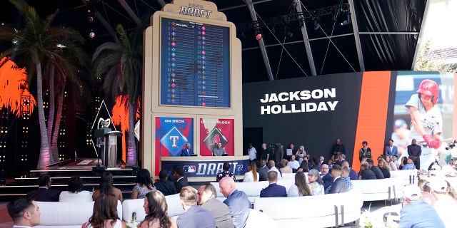 Jackson Holliday is announced as the first pick of the 2022 MLB baseball draft, by the Baltimore Orioles, Sunday, July 17, 2022, in Los Angeles.