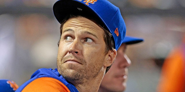 Jacob deGrom #48 of the New York Mets looks on from the dugout during the game against the Philadelphia Phillies at Citi Field on May 28, 2022 in New York City. The Mets defeated the Phillies 8-2.