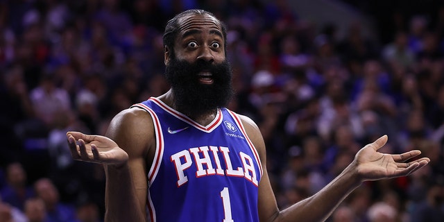 James Harden of the Philadelphia 76ers will react in the NBA Semifinals between the Philadelphia 76ers and the Miami Heat on May 12, 2022 at the Wells Fargo Center in Philadelphia, Pennsylvania, USA.