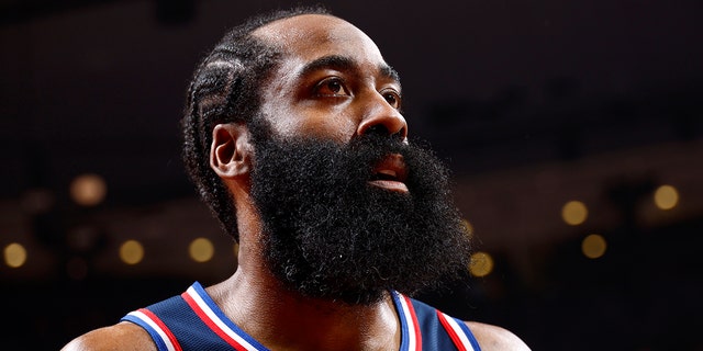 James Harden, #1 of the Philadelphia 76ers, looks on during Round 1 Game 4 of the 2022 NBA Playoffs against Toronto Raptors on April 23, 2022 at the Scotiabank Arena in Toronto, Ontario, Canada.