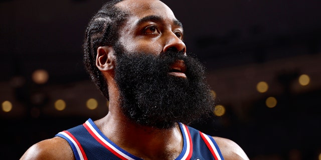 James Harden #1 of the Philadelphia 76ers looks on during Round 1 Game 4 of the 2022 NBA Playoffs against Toronto Raptors on April 23, 2022 at the Scotiabank Arena in Toronto, Ontario, Canada.