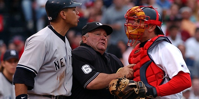 Red Sox Jason Varitek and Yankee Alex Rodriguez get into a fight that started a brawl during the third inning at Fenway Park in 2004.