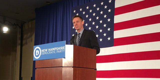 Jason Kander speaks at a New Hampshire Democratic Party fundraising dinner, on April 14, 2018 in Nashua, New Hampshire