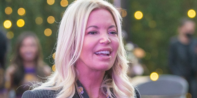 Jeanie Buss appears at the Lakers' 2021-2022 season kickoff event at the UCLA Health Training Center in El Segundo on Sept. 20, 2021.